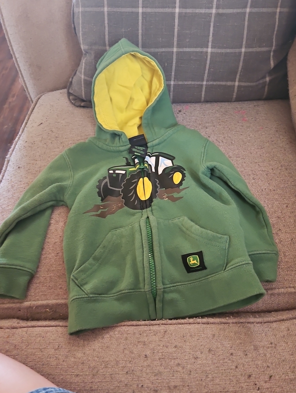 John Deere Green Hoodie with Yellow Lining and Tractor Graphic